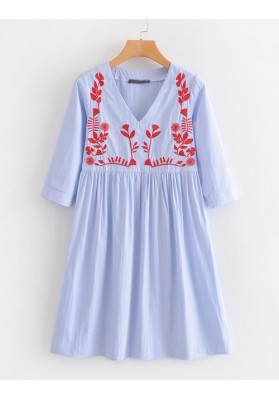 Blue Embroidered Flowers Decorated Dress