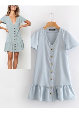 Blue Pure Color Design V Neckline Dress