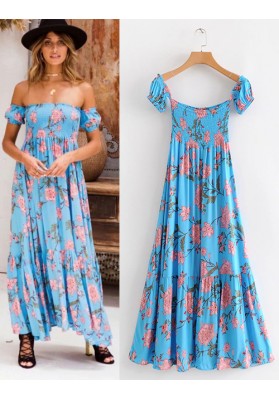 Blue Flowers Decorated Short Sleeves Dress