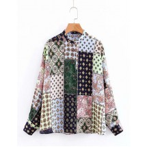 Stitching Color Geometric Printed Single-breasted Shirt
