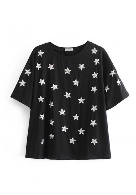 Black Sequined Embroidered Five-pointed Star Short Sleeve T-shirt