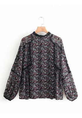Black Floral Floral Print Lace Panel Pullover Shirt