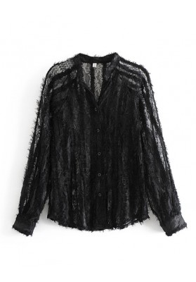 Black Solid Color Feather Lace Stitching Lapel Single-breasted Shirt